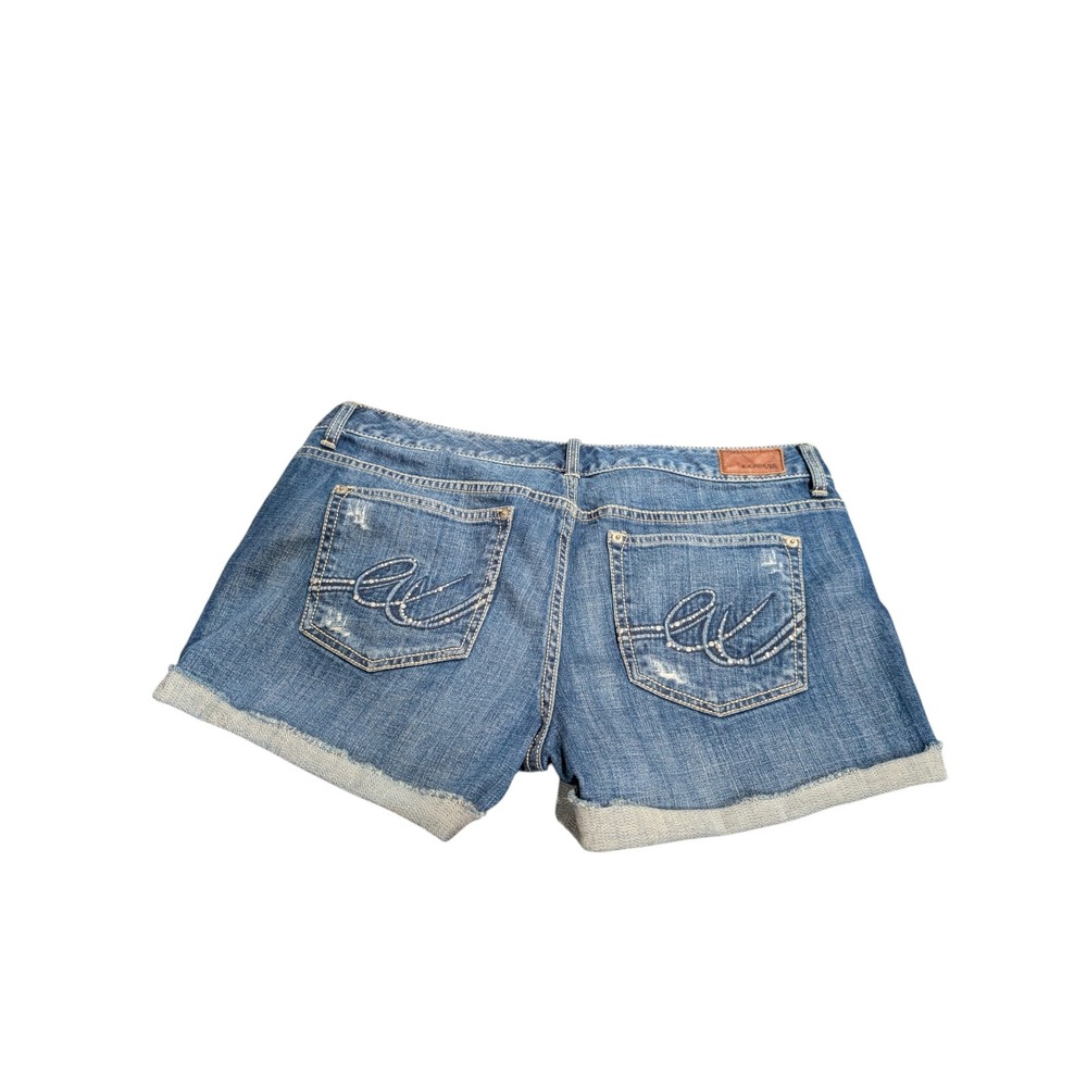 Express Denim Shorts Blue Low Rise Cuffed Distressed Embroidered Pockets Size 12 - Picture 2 of 7